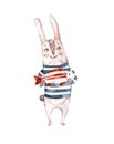 Cute Sailor rabbit, bunny hand painted watercolor illustration. Cartoon handpainted animal.