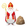 Cute Saint Nicholas cartoon character with gift bag on the floor