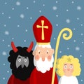 Cute Saint Nicholas with devil, angel and falling snow. Christmas invitation card, illustration.