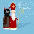 Cute Saint Nicholas with devil and falling snow. Christmas invitation card, vector illustration, winter background Royalty Free Stock Photo