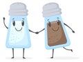 Cute salt and pepper shakers together. Cartoon mascots Royalty Free Stock Photo