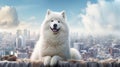 Cute Samoyed dog sitting on the window with cityscape background