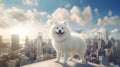 Cute Samoyed dog standing on rooftop with New York city view