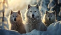 Cute Samoyed puppies playing in snowy arctic forest generated by AI Royalty Free Stock Photo