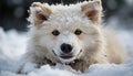 Cute Samoyed puppy playing in the snowy forest generated by AI Royalty Free Stock Photo