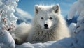 A cute Samoyed puppy playing in the snowy winter forest generated by AI Royalty Free Stock Photo