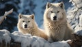 A cute Samoyed puppy playing in the snowy winter forest generated by AI Royalty Free Stock Photo