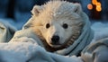 Cute Samoyed puppy playing in snowy winter forest generated by AI Royalty Free Stock Photo