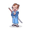 Cute Samurai Cartoon with Blue Kimono. People Vector Icon Illustration, Isolated on Premium Vector