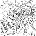 Cute samurai cat, coloring page, outline illustration