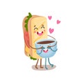 Cute sandwich and cup of coffee characters are best friends, funny fast food menu vector Illustration