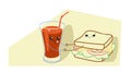 Cute sandwich with tomato juice cartoon comic characters with smiling faces tasty fastfood happy emoji kawaii hand drawn