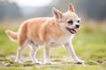 A cute sandy small Chorkie puppy dog walking across rough ground