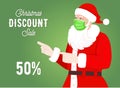 Cute Santa Claus Cartoon Character Showing Christmas Sale Discount text isolated on green background vector illustration. Modern Royalty Free Stock Photo