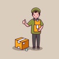 Cute delivery man holding box by running fast