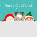 Cute santa claus, christmas elf and reindeer cartoon standing in the snow, lovely christmas background. Royalty Free Stock Photo