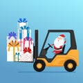 Cute santa claus drives forklift truck loading big pile of colorful wrapped gift boxes.