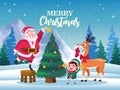 cute santa claus with elf and deer decorating christmas tree scene Royalty Free Stock Photo
