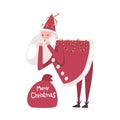 Cute Santa Claus, Funny Christmas Character with Bag full of Gifts and Colorful Garland on his Costume, Symbol of Xmas