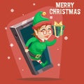 Cute Santa Claus with Gift Bag Elf Male Female Christmas New Year Greeting Card Mobile Phone Cartoon Design Vector Royalty Free Stock Photo