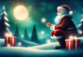 cute Santa Claus with gift box in the night Christmas illustration Generative AI Royalty Free Stock Photo