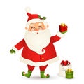 Cute Santa Claus giving christmas present. Funny Santa Claus holding red gift box isolated on white background. Santa Royalty Free Stock Photo