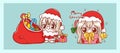 Cute santa claus giving gifts and happy isolated on merry christmas background with characters design Royalty Free Stock Photo