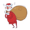 Cute Santa Claus with a heavy sack of gifts. Vector Illustration, isolated