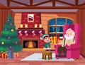 cute santa claus and helper with gift in the house scene Royalty Free Stock Photo