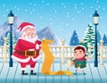 cute santa claus and helper reading gifts list in snowscape Royalty Free Stock Photo