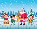 cute santa claus and helpers playing instruments snowscape scene Royalty Free Stock Photo