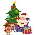 Cute Santa Claus, kids, Christmas tree. Vector cartoon character Royalty Free Stock Photo