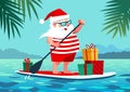Cute Santa Claus on paddle board with gifts against tropical ocean background vector cartoon illustration. Christmas in July, sum
