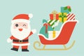 Cute Santa Claus with pile of gift boxes on Christmas sleigh