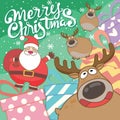 Cute Santa Claus and reindeer cartoon characters.