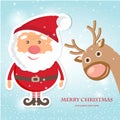 Cute Santa Claus and Reindeer on christmas background with lights and snowflakes. Royalty Free Stock Photo