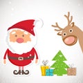 Cute Santa Claus and Reindeer on christmas background with lights and snowflakes. Royalty Free Stock Photo