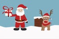 Santa Claus with gift in hand and cute reindeer on roof Royalty Free Stock Photo