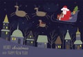 Cute Santa Claus in a sleigh with reindeer flies over the night city. Santa claus is carrying gifts for children. Merry Royalty Free Stock Photo