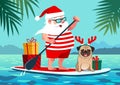 Cute Santa Claus on stand up paddle board with pug dog and gifts