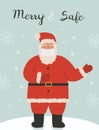 Cute Santa Claus standing on winter background with snowflakes and wearing protective face mask. Merry and Safe caption