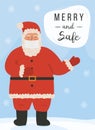 Cute Santa Claus standing on winter background with snowflakes and wearing protective face mask. Merry and Safe caption