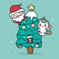 Cute santa claus and unicorn vector with merry christmas tree kawaii cartoon x mas festival happy new year Royalty Free Stock Photo