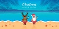 cute santa and deer with sunglasses on paradise beach summer christmas holiday Royalty Free Stock Photo