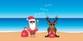 cute santa and deer with sunglasses on paradise beach summer christmas holiday Royalty Free Stock Photo