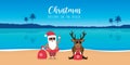 cute santa and deer with sunglasses on paradise beach summer christmas holiday Royalty Free Stock Photo