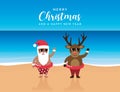 cute santa and deer with sunglasses on paradise beach summer christmas holiday Royalty Free Stock Photo