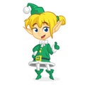 Cute Santa helper girl shows on a white blank banner. Cartoon illustration isolated.