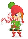 Cute Santa helper girl shows on a white blank banner. Cartoon vector illustration isolated. Royalty Free Stock Photo