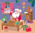 Cute Santa makes gifts for children.